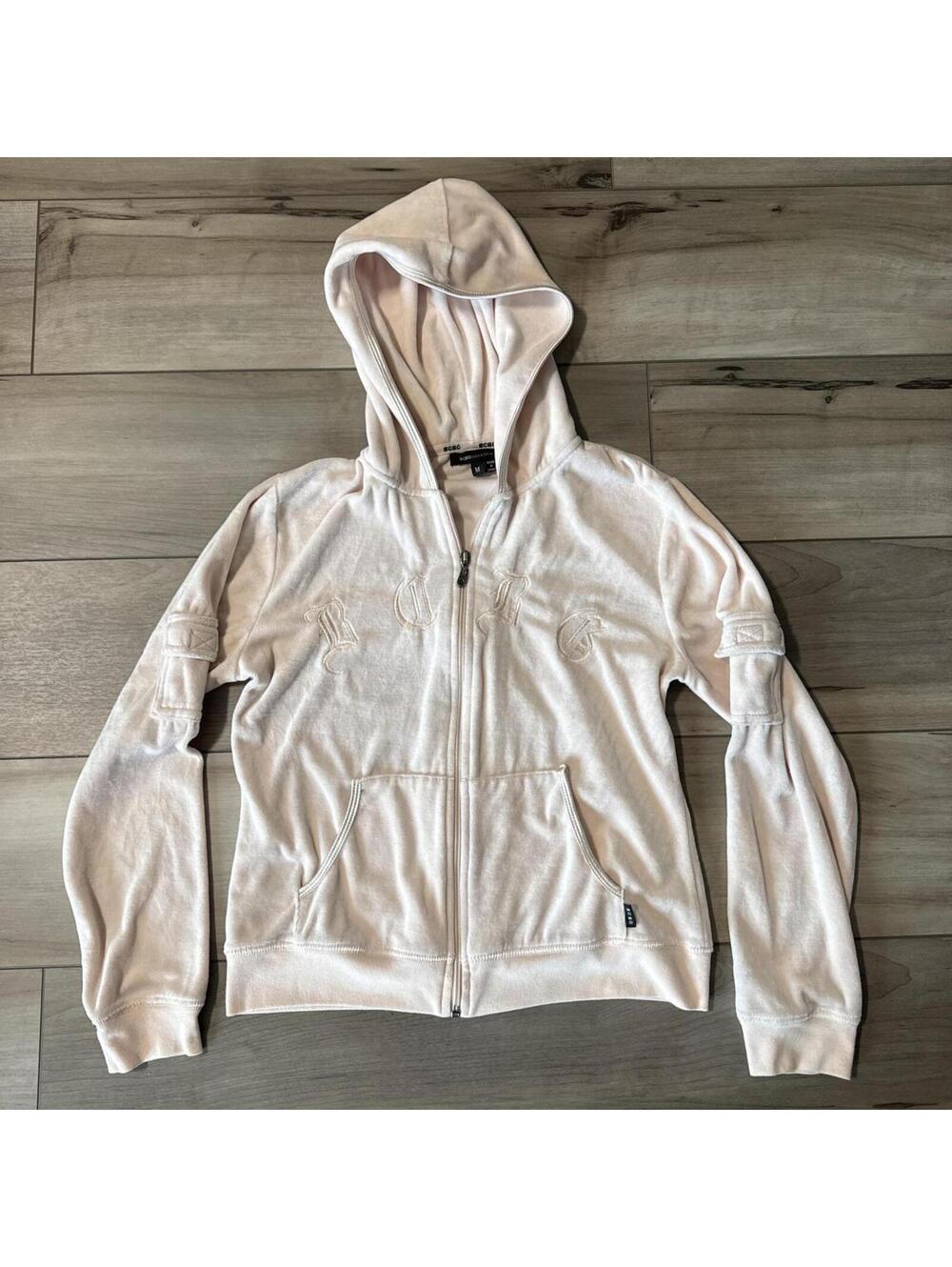 Y2K BCBGMaxAzria Velour Cropped Zip Hoodie Blush Pink Old English Women's M